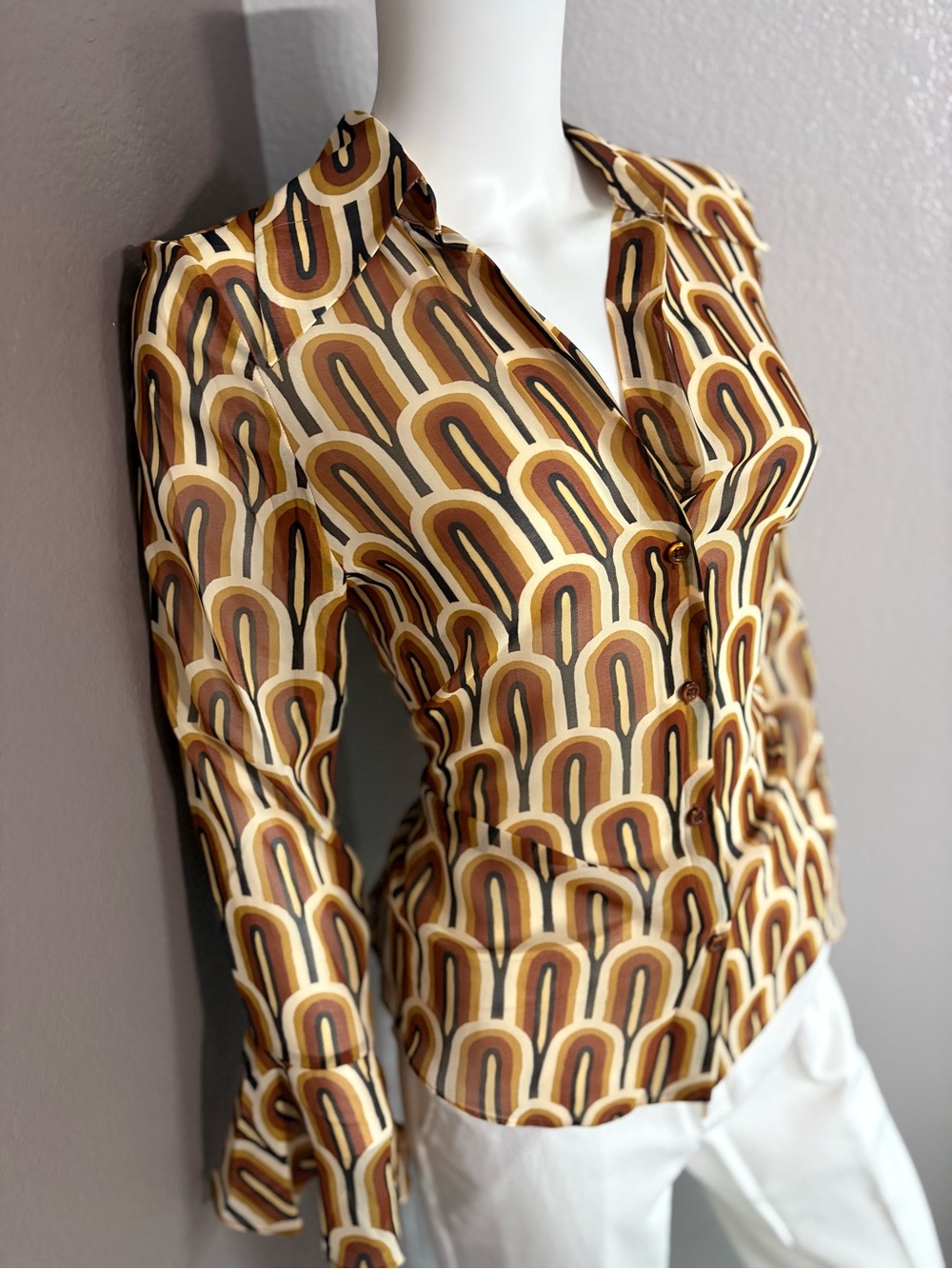 Zara Retro Arch-Print Sheer Button-Down Shirt in Brown and Gold